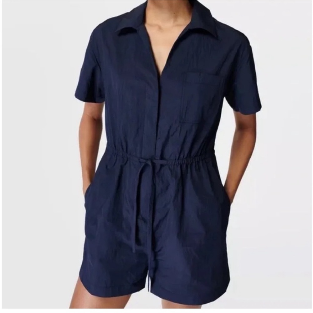 Sweaty Betty Anytime Short Sleeve Romper / Large / Navy Blue
